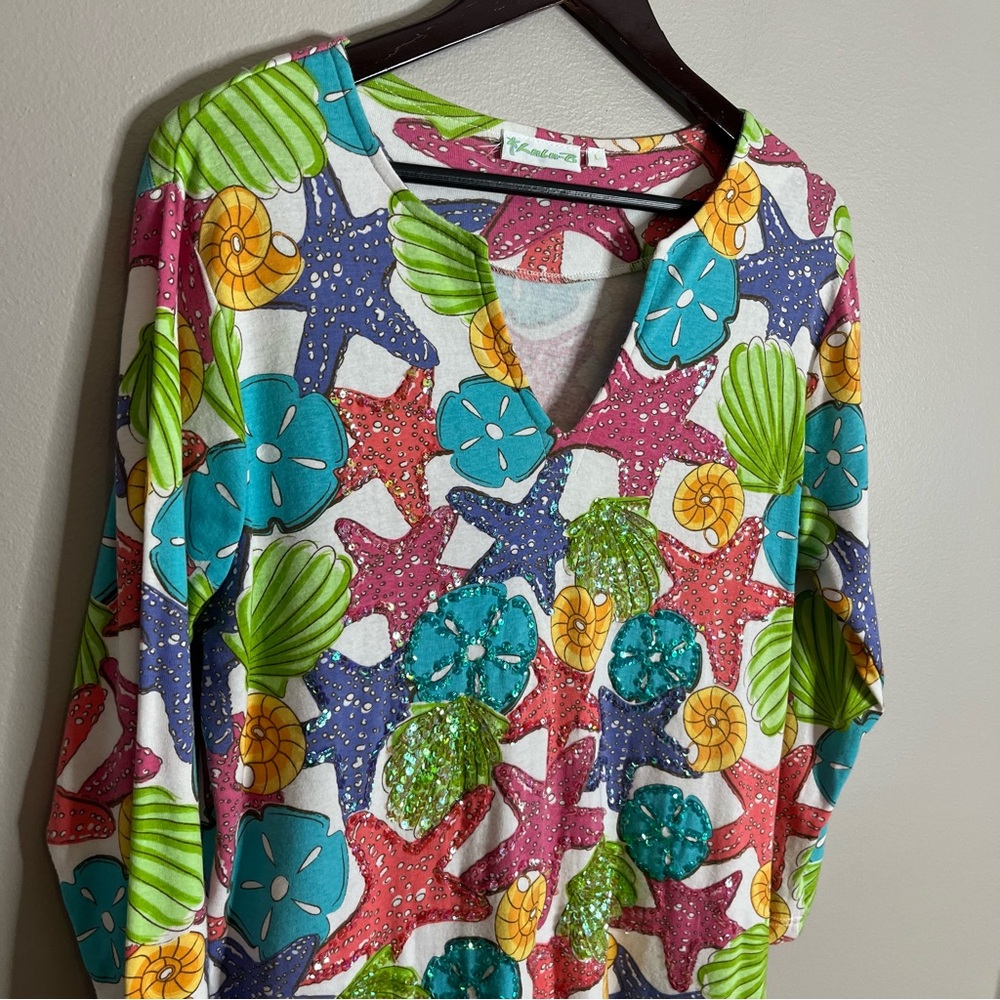 Lulu-B Size Large Women's Sea Shell Colorful Sequin Tunic Blouse Top L6 - Picture 2 of 8